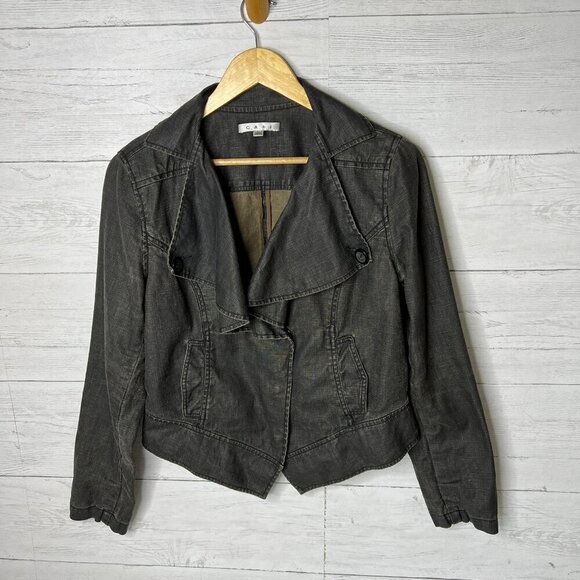 Cabi Jacket Womens Size Medium Black Faded Waxed 100% Linen Cropped Ruffle - Picture 3 of 16